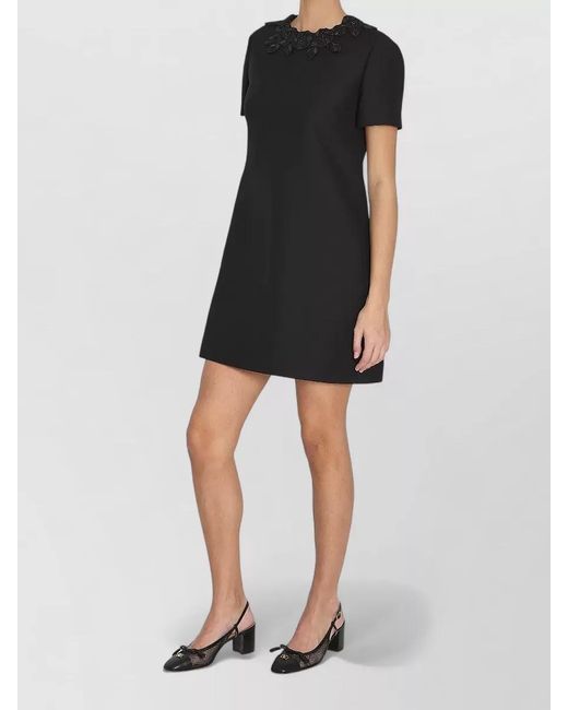 Valentino Garavani Black Silk Blend Embroidered Short-Sleeve Mini Dress