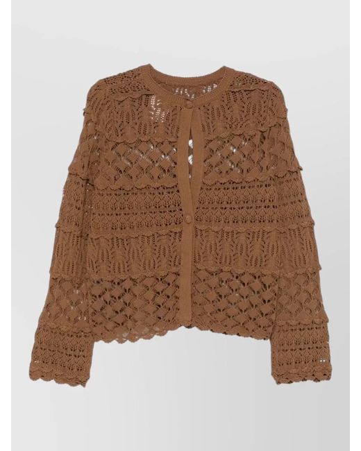 Semicouture Brown Zilla Cotton Cardigan Crochet Knit Tiered