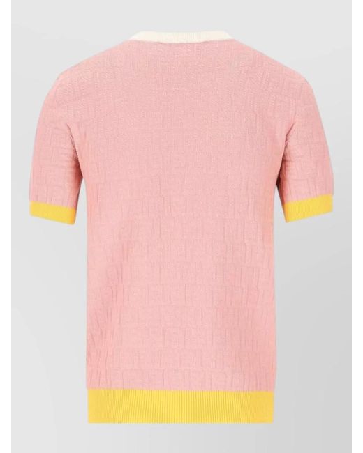 Fendi Pink Silk Blend Ribbed Short-Sleeve Crewneck Knitted Top