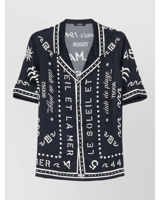 Balmain Blue Short Sleeve Shirt Notched Lapel Graphic Print for men