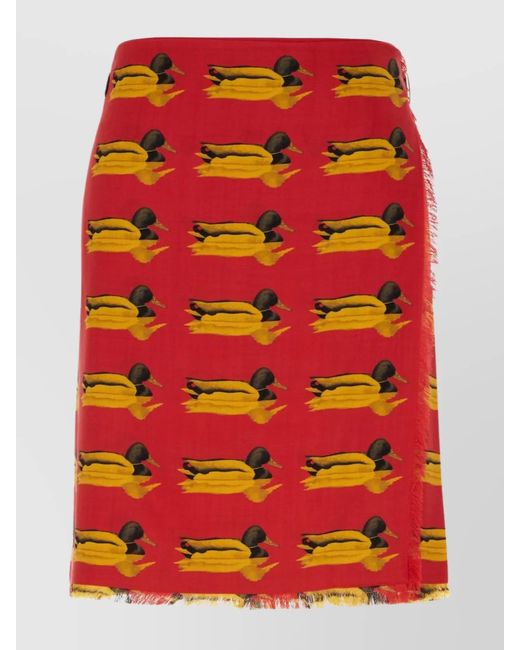 Burberry Red Wool Duck-Print Wrap Mini Skirt