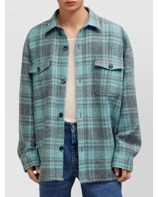 AMI Blue Wool Plaid Shirt Jacket for men