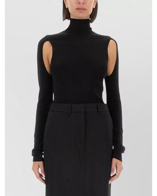 Helmut Lang Black Knit Top Slim Fit Turtleneck Cutout Shoulders