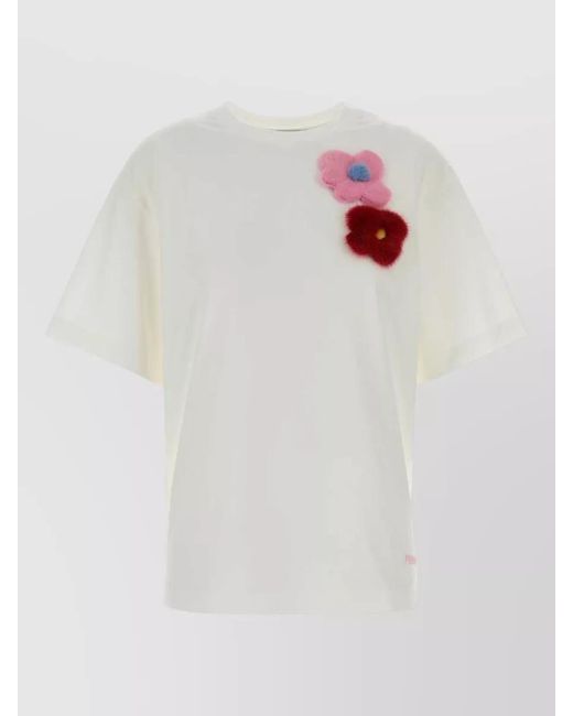 Fendi White Cotton T Shirt Short Sleeves Crew Neck Floral Appliqué