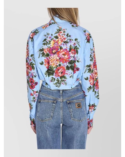 Dolce & Gabbana Blue Floral-Bouquet-Print Cotton Cropped Knot-Detail Shirt