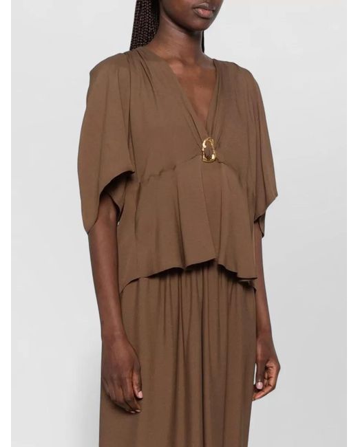 Forte_forte Brown V Neck Dress Cape Sleeves Pearls