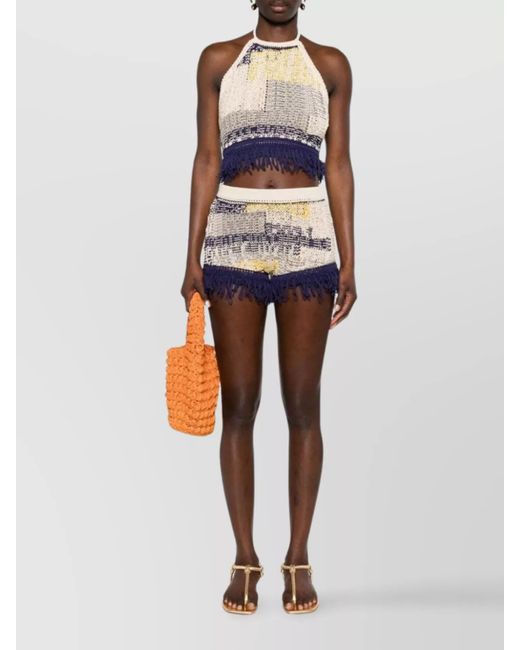 Sportmax Blue Cotton Patterned Intarsia Knit Mid-Rise Shorts