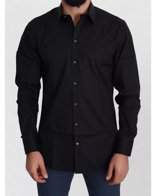 Dolce & Gabbana Black Cotton Stretch Dress Shirt Cuffed Sleeves for men