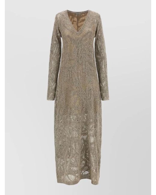 Brunello Cucinelli Natural Linen Knit Sequin V-Neck Long-Sleeve Maxi Dress