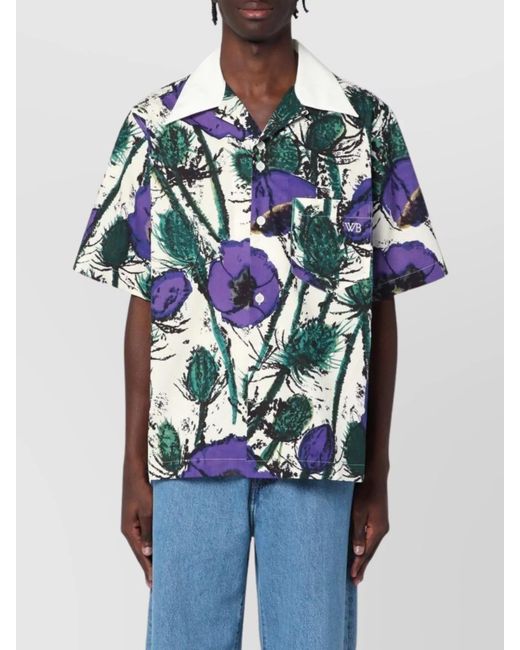 Wales Bonner Blue Bowling Shirt With Floral Pattern And Short Sleeves for men