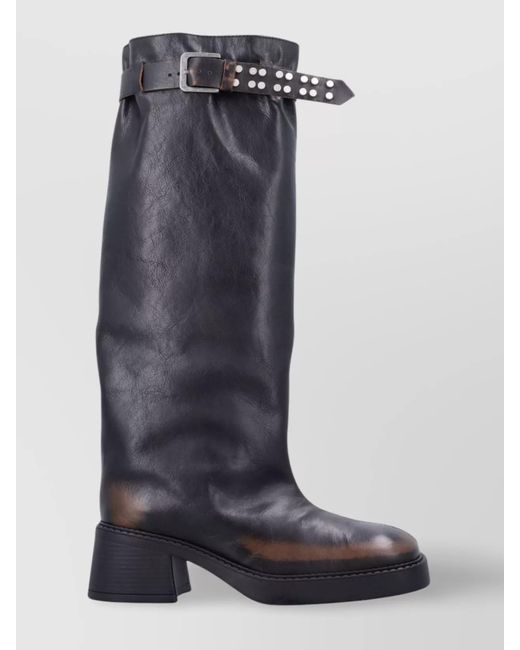Miista Black Tall Boot Buckle Chunky Heel