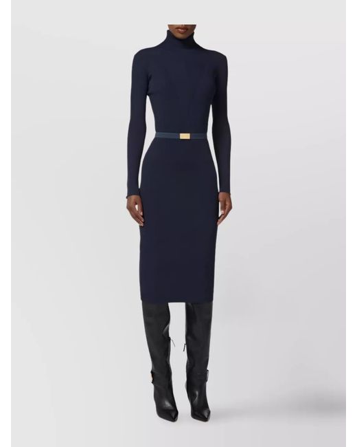 Elisabetta Franchi Blue Turtleneck Long Sleeve Knee-Length Dress