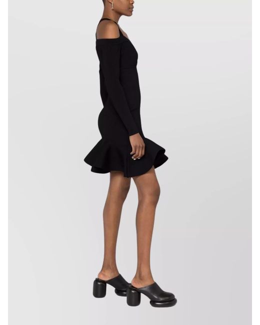 McQueen Black Ribbed-Knit Dress With Straps And Ruffles