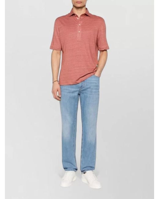 Brunello Cucinelli Pink Linen Blend Short-Sleeve Polo Shirt for men