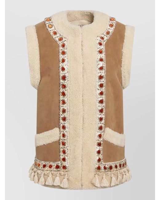 Valentino Natural Sleeveless Coat Embellished Tassels Unique Trim