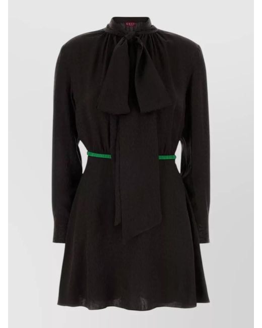 Gucci Black Jacquard Dress Belted Waist Long Sleeves