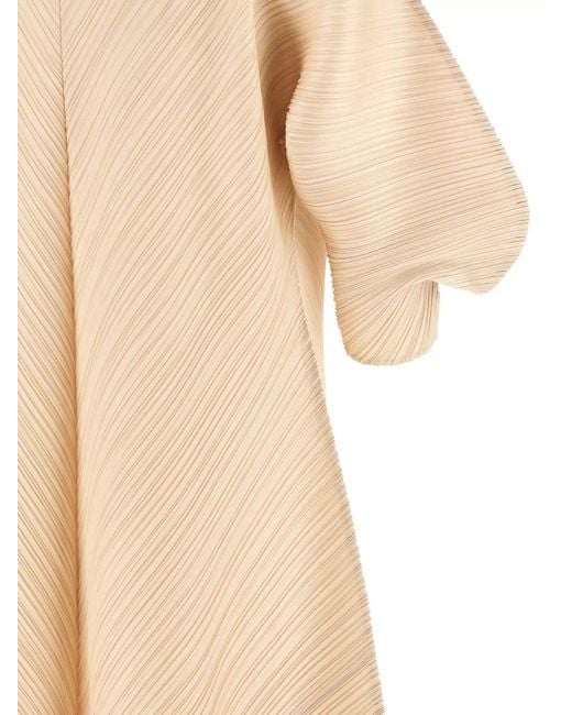 Pleats Please Issey Miyake Natural Midi Dress Puff Sleeves Textured Design