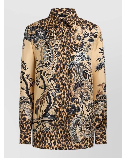 Etro Multicolor Silk Shirt Leopard Floral Placed Print