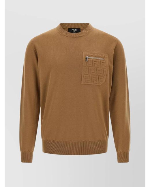Fendi Brown Crew Neck Sweater With Embroidered Zip Pocket for men