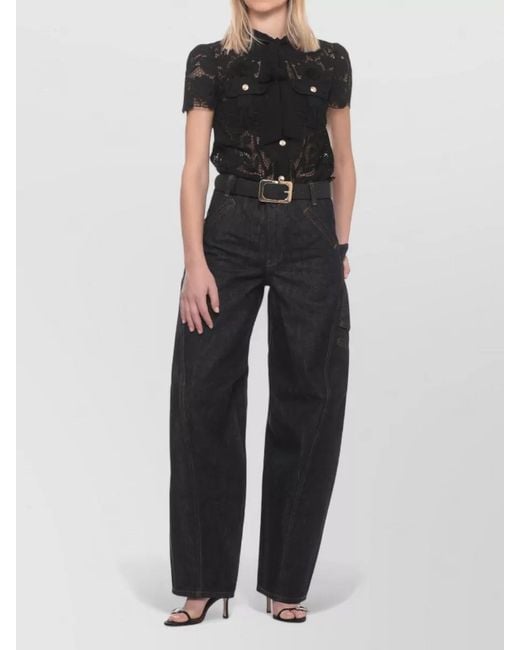 Self-Portrait Blue High Waist Wide Leg Cargo Denim Trousers