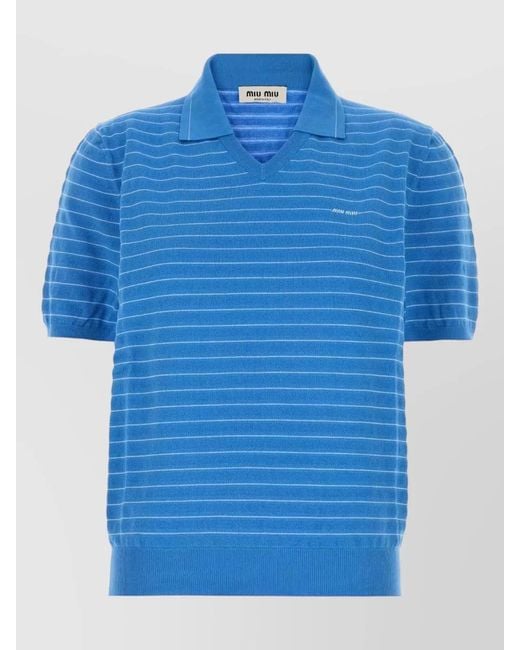 Miu Miu Blue Cotton Polo Shirt Striped Pattern Ribbed Hem