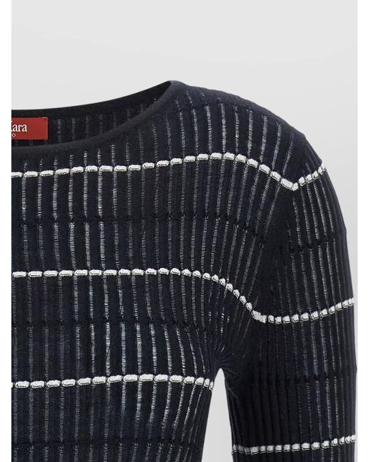 Max Mara Blue Silk Wool Ribbed Striped Boat Neck Long Sleeve Sweater