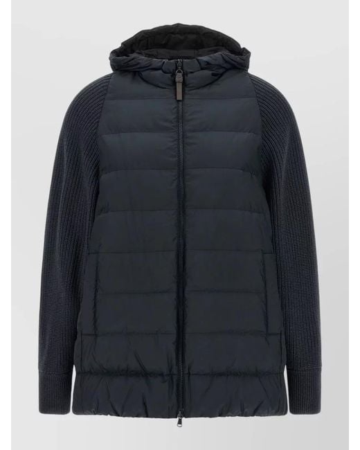 Brunello Cucinelli Blue Hooded Down Jacket Knit Sleeves