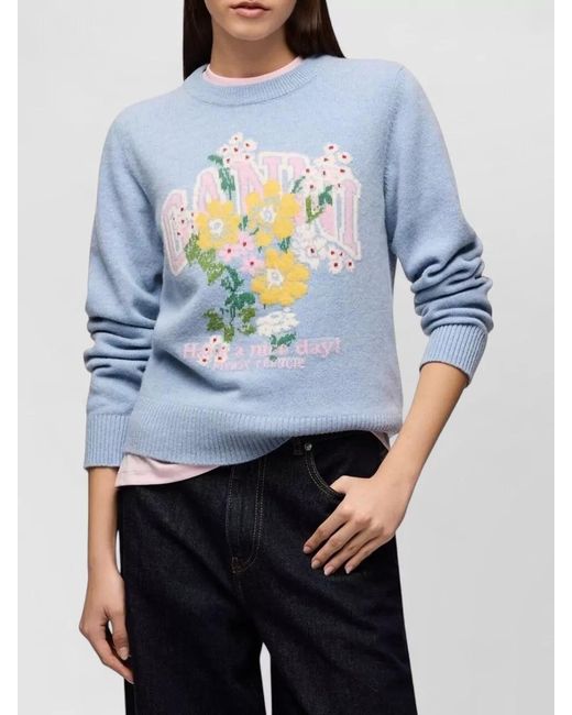 Ganni Blue Floral Crew Neck Top Long Sleeves