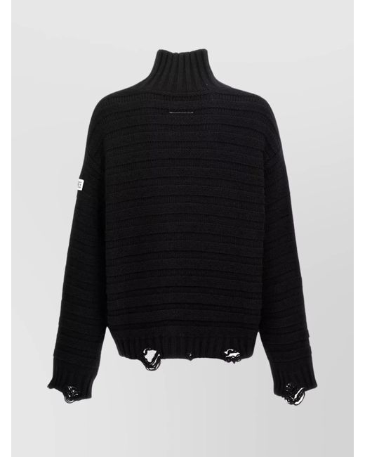 MM6 by Maison Margiela Black Ribbed Distressed Turtleneck Sweater for men