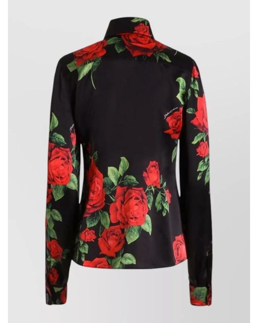 Dolce & Gabbana Red Silk Rose-Print Long-Sleeve Shirt
