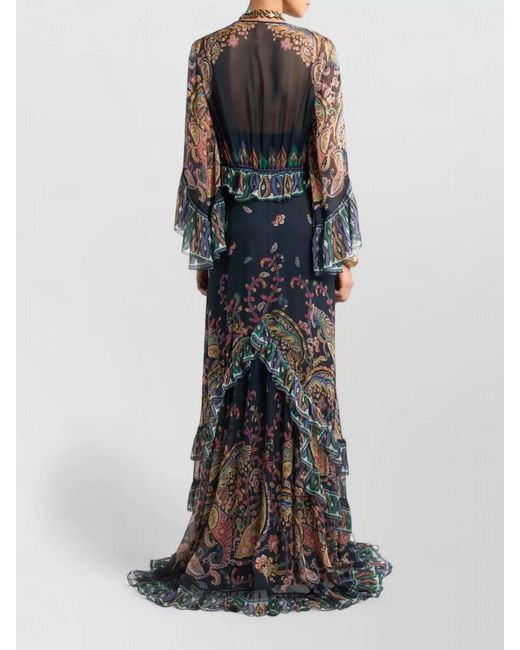Etro Black Maxi Dress Sheer Sleeves Paisley Flared