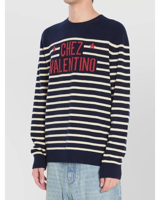 Valentino Garavani Blue Ribbed Crew Neck Wool Sweater for men