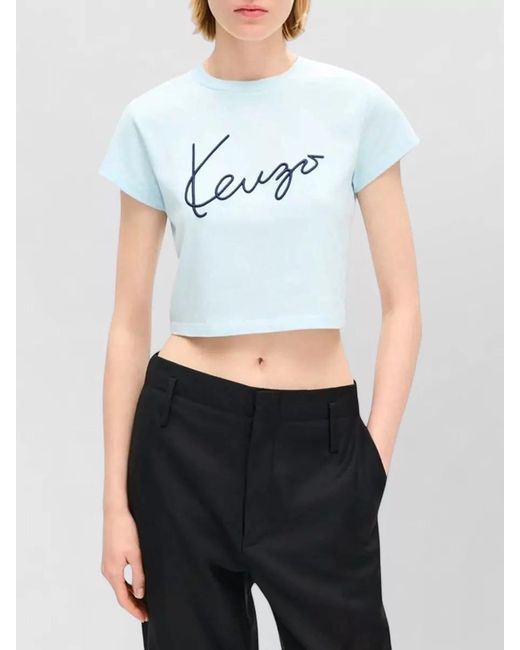 KENZO Blue Organic Cropped Signature Cotton Jersey T Shirt