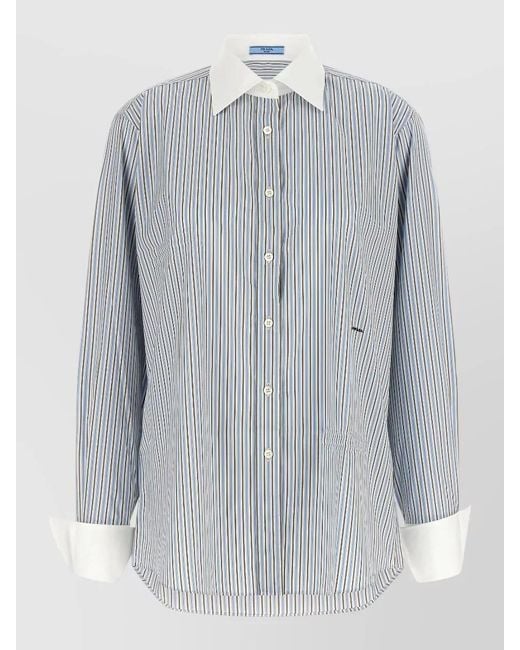 Prada Blue Relaxed Cotton Poplin Shirt Vertical Stripes