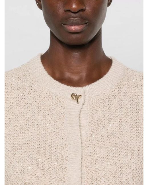 Fabiana Filippi Natural Wool Blend Cardigan Sequin Trim Round Neck