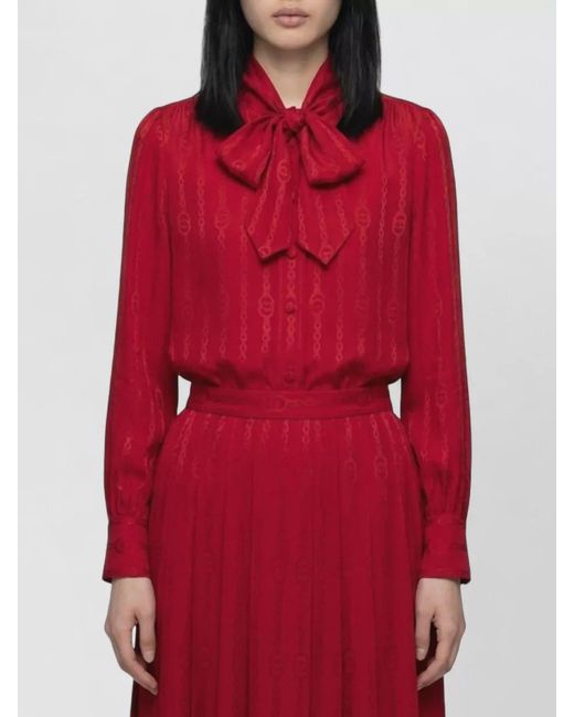 Gucci Red Silk Tie-Neck Long-Sleeve Shirt