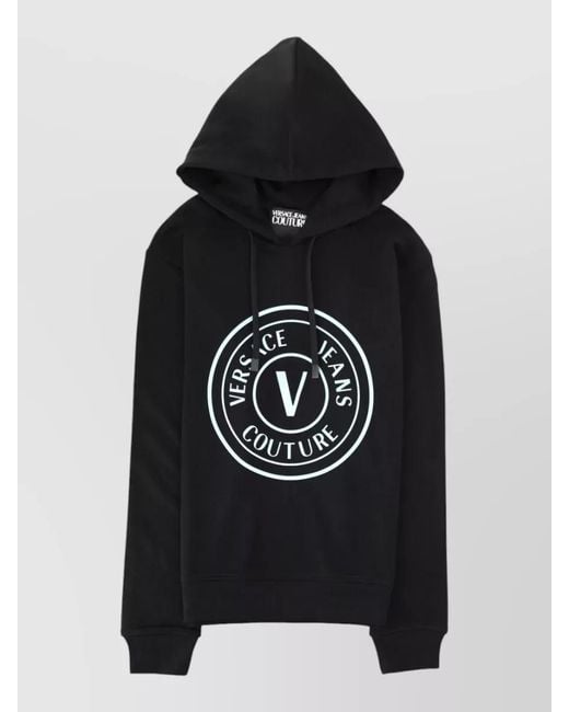 Versace Jeans Couture Black Hooded Logo Sweatshirt Ribbed Cuffs Hem for men