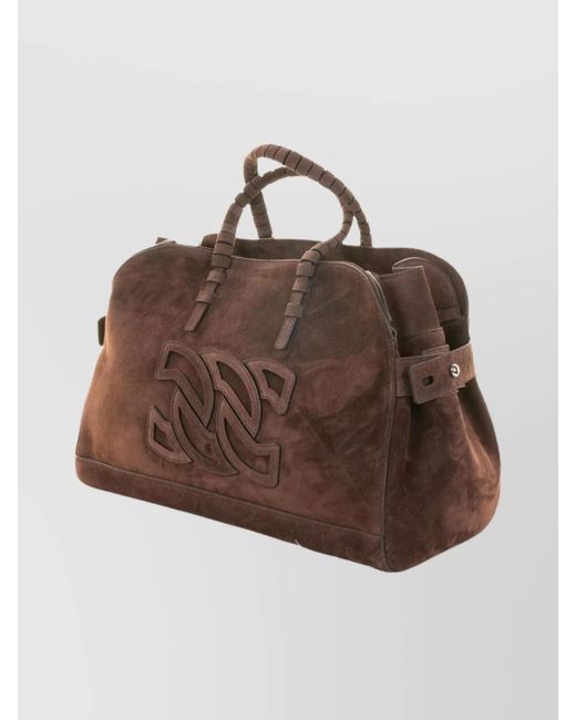 Casadei Brown Structured Suede Tote Bag With Two Handles