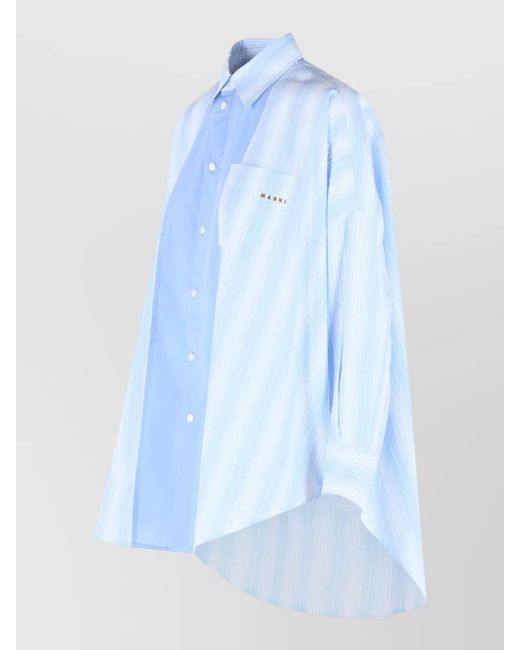 Marni Blue Cotton Poplin Longline Striped Shirt Pocket