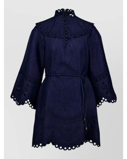 Zimmermann Blue Denim Broderie High-Neck Mini Dress