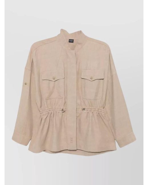 Fay Natural Cotton Overshirt Band Collar Front Pockets