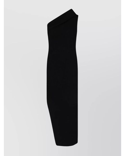 Rick Owens Black One Shoulder Ribbed Midi Length Dress