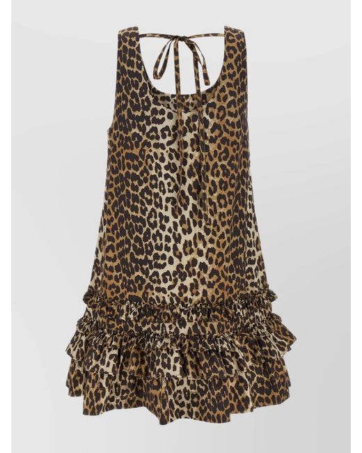 Ganni Natural Organic Cotton Leopard Ruffled Square Neck Mini Dress