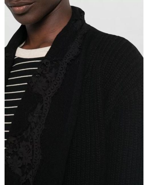 ERMANNO FIRENZE Black Relaxed Ribbed Lace Knit Long Sleeve Layer
