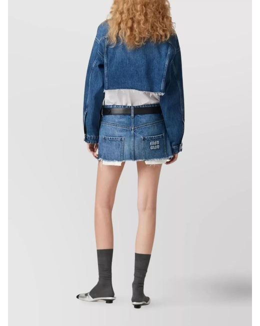 Miu Miu Blue Cropped Blouson With Chest Pockets And Frayed Hem