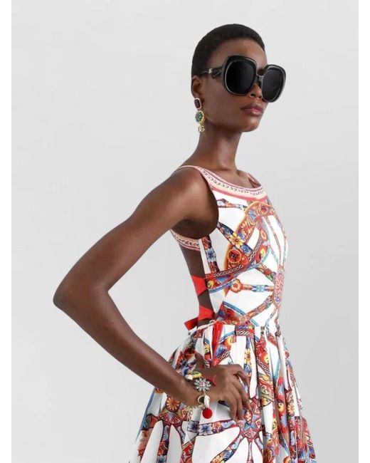 Dolce & Gabbana Red Carretto Print Poplin Midi Dress Corset