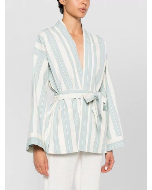 Forte_forte White Striped Wrap Kimono Jacket Long Sleeves