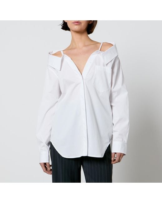 GOOD AMERICAN White Off-The-Shoulder Cotton-Poplin Shirt