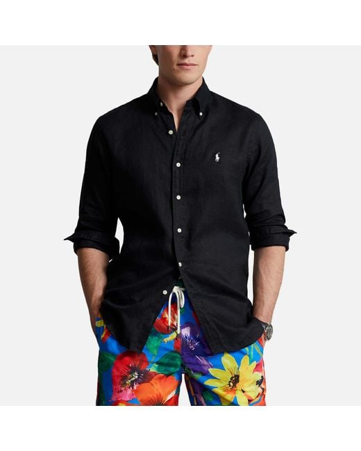 Polo Ralph Lauren Black Linen Long Sleeve Button-Down Shirt for men