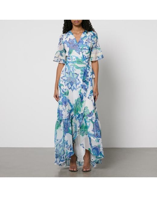 Hope & Ivy Blue Catalina Floral-print Chiffon Wrap Maxi Dress